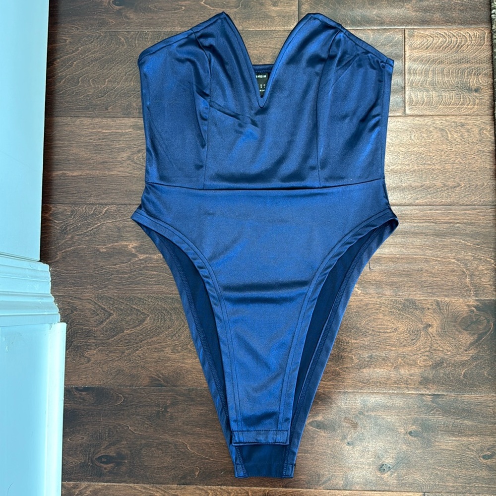 NEW Navy Blue Satin V Bodysuit Sexy Formal Top, size medium